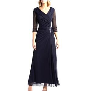 NWT  Alex Evenings Navy Illusion Sleeve Ruched Wrap Gown, Petite 14P